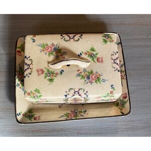 Vintage Made in Japan Floral Ceramic Butter Dish with Lid Crazed Cottagecore